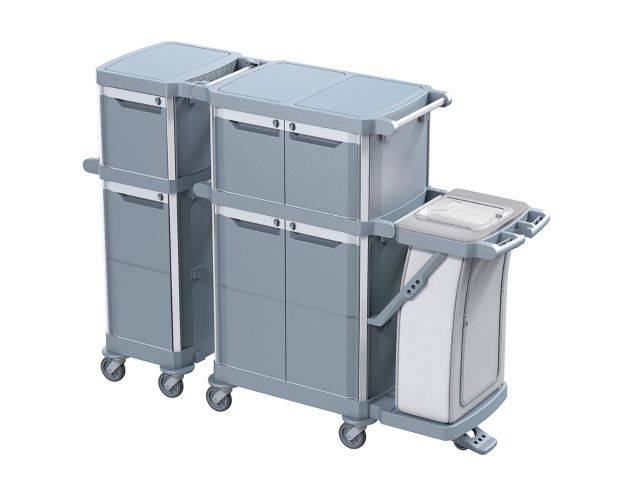 Wózek serwisowy do sprzątania, MERIDA OPERA,  6 zamykanych półek wewnętrznych, 3 szuflady 20 l, uchwyt na worek 120 l z pokrywą